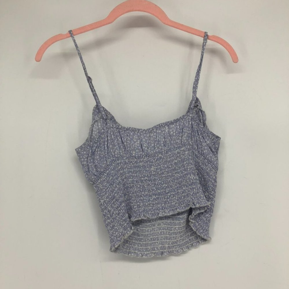 Garage periwinkle blue white floral shirred tie front crop tank top SP - Picture 12 of 13